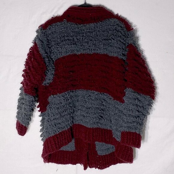 Hand Knit Burgundy Grey Striped Loopy Stitch Knit Button Up Cardigan XXL - Picture 11 of 12